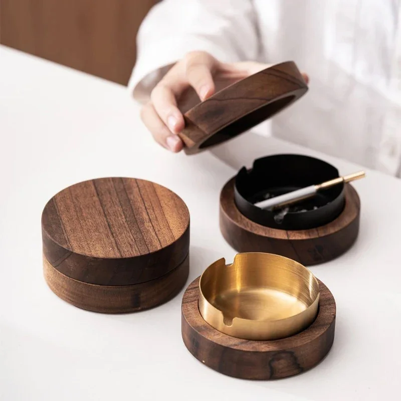 Round Walnut Ashtray with Cover Solid Wood Stainless Steel Windproof Desktop Ashtray Office Home Decoration Smoking Accessories