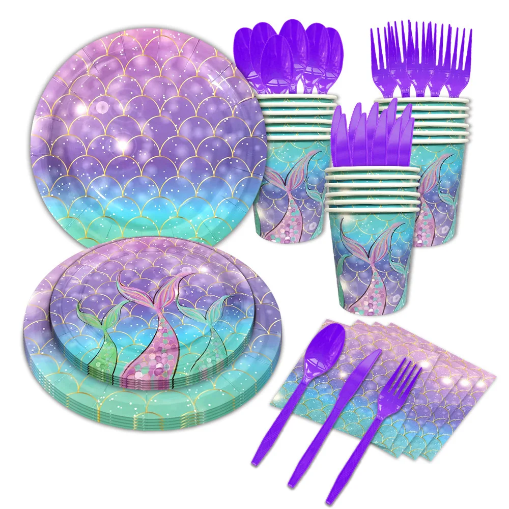 CIVI Mermaid Theme Tableware Set Mermaid Disposable Paper Plate Dinnerware Set Birthday Party Supplies 150 pack