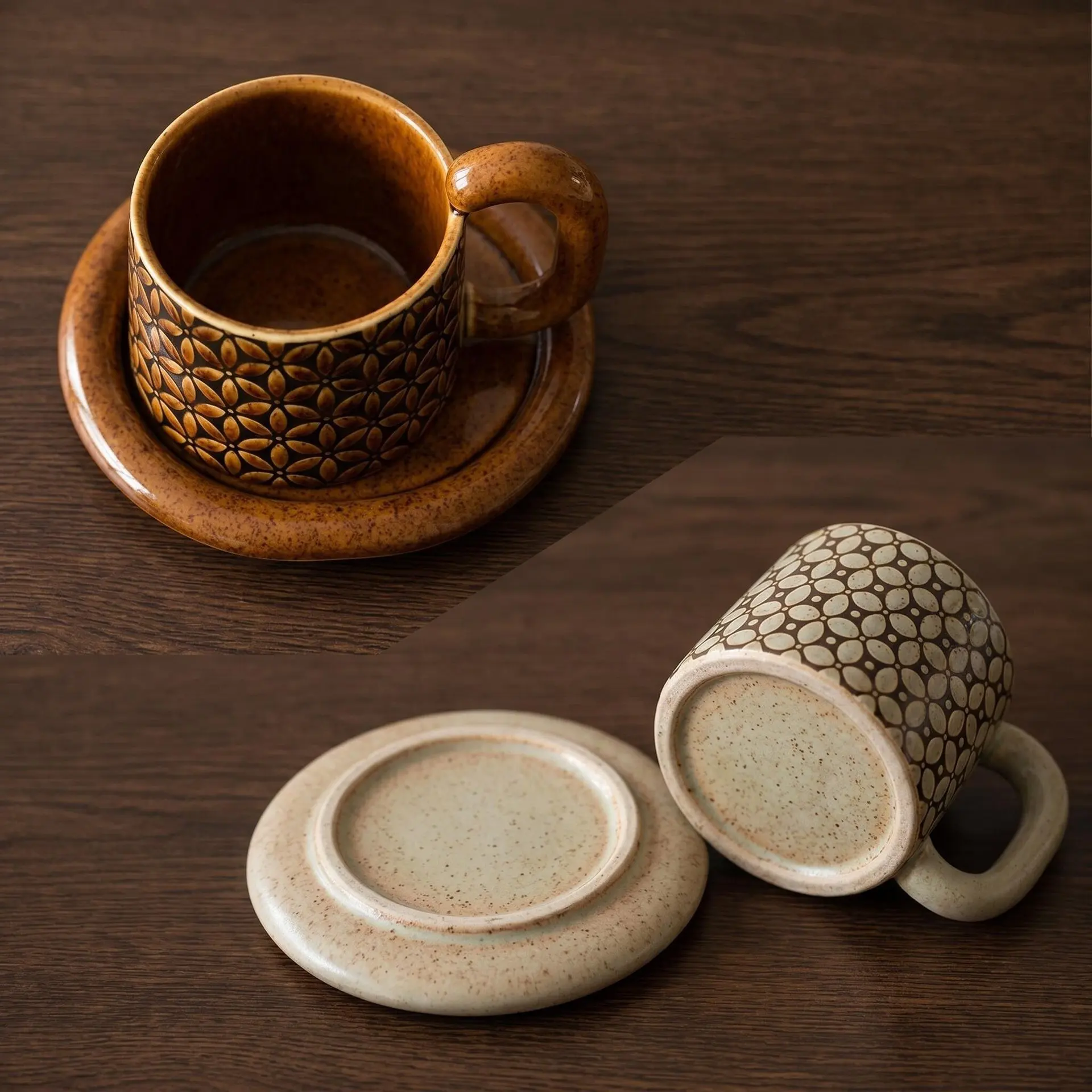 HYS Japanese retro style flower coffee cup saucer creative coarse pottery handle mug ceramic water cup couple cup