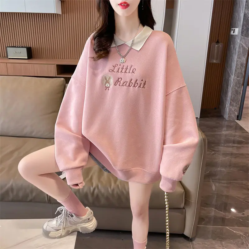 Women Trendy Casual Streetwear Oversize Kawaii Cartoon Embroidery Fleece Sweatshirts Sweet Polo Collar Long Sleeve Pullover Tops