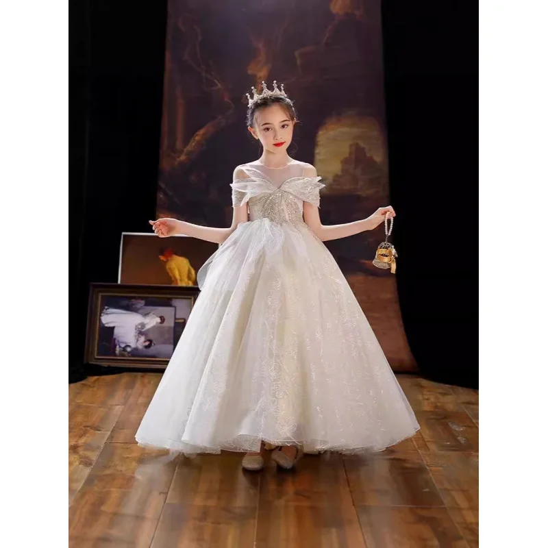 

Girls' Princess Dress Puffy Tulle Flower Girl Dress Children's Host Show Evening Dress with Train Stylish Autumn New Style