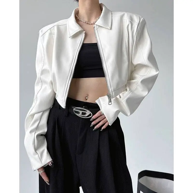 Y2k Black New PU Leather Jacket Cropped Jacket Long-sleeved Top Motorcycle Jackets Design Loose Streetwear Coat Trendy Vintage