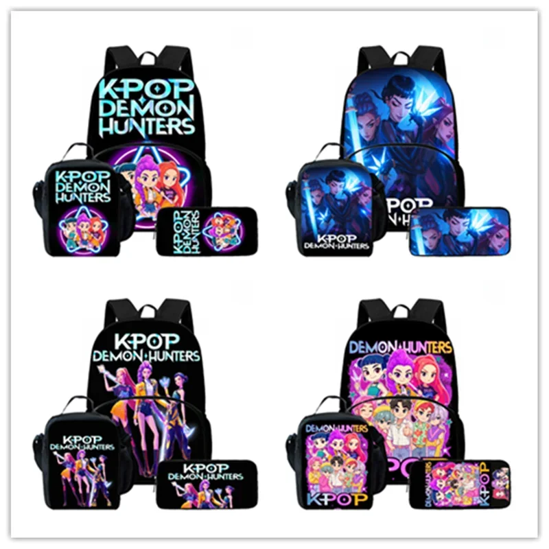 حقيبة ظهر للأطفال من كارتون KPop Demon Hunters مع جيب أمامي، حقائب غداء، حقائب أقلام رصاص، حقيبة مدرسية للأطفال كرتونية
