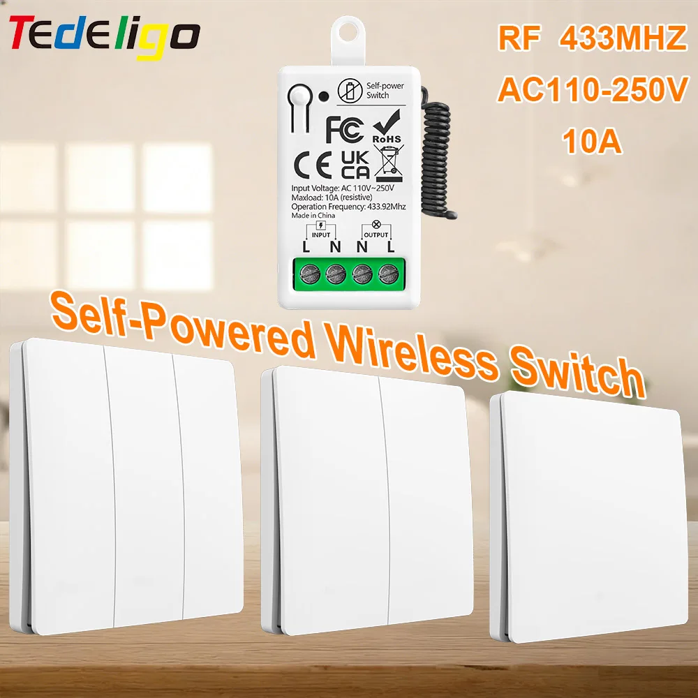 

433mhz Wireless Light Switch 1/2/3Gang Waterproof Push Button Self-Powered Wall Panel Remote Controller Kinetic Switch for Light