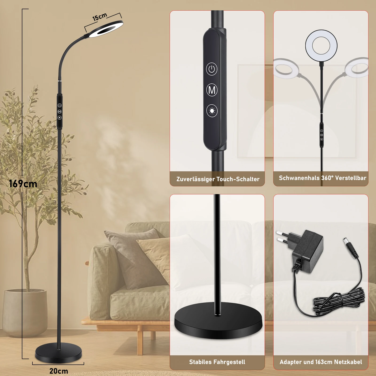 Multifunktionale dimmbare Stehlampe, 360 ° Rotierendes Design, 1800K-6000K, Nachtlicht & Speicherfunktion – Detail 3
