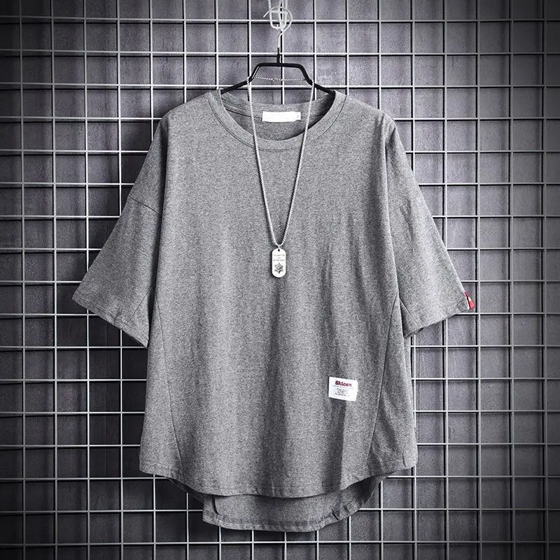 summer O neck solid color oversized tee male short sleeve loose casual all-match pullovers men korean fashion irregular t-shirt