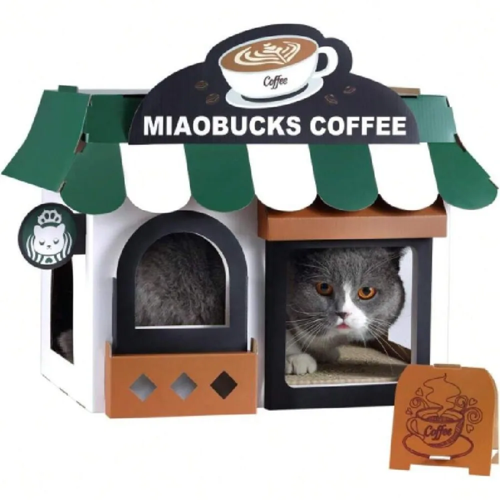 

Cat House With Scratcher - Chocolate Cake Carton Cat Box - For Cats Up To 20 Lbs, Sturdy Kitty Playhouse & Hideaway