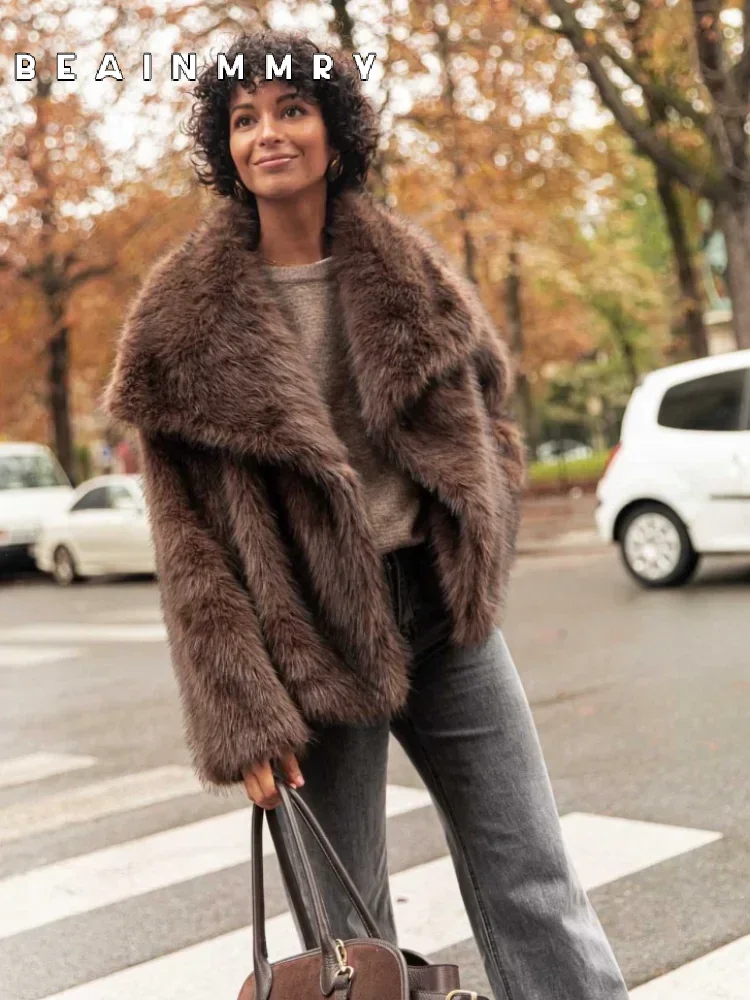 Fashion Women Fluffy Fur Coats Chic Warm Long Sleeve Cardigan Big Lapel Thick Loose Jackets 2025 Winter Female Street Outerwear