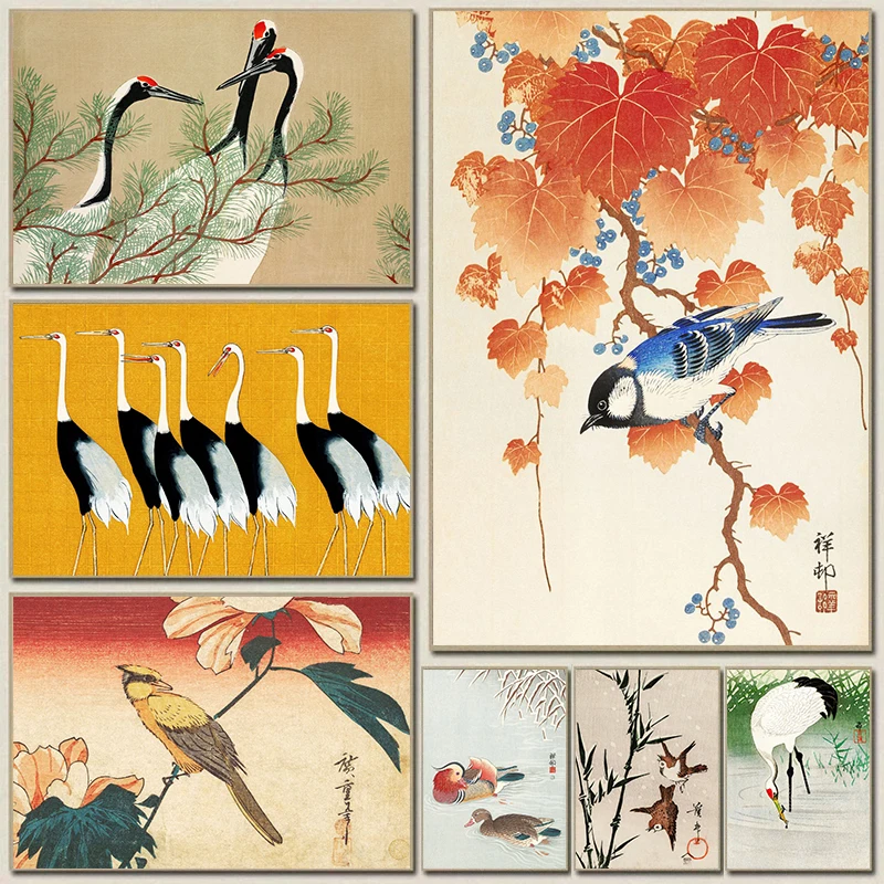 1pc frameless Canvas Painting Chinese Vintage Ginkgo Flower Bird Plant Poster Art Canvas Landscape Wall Painting Prints Picture