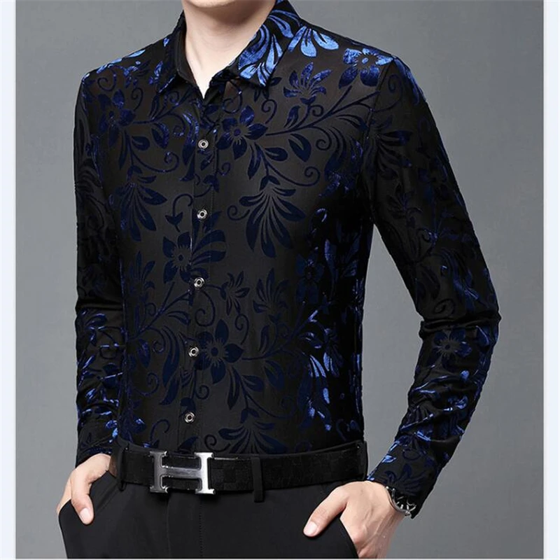 Exquisite Fashion Casual Shirts For Men Hollow Lace Long Sleeved Spring Quality Velvet Soft Comfortable Luxury Camisas De Hombre