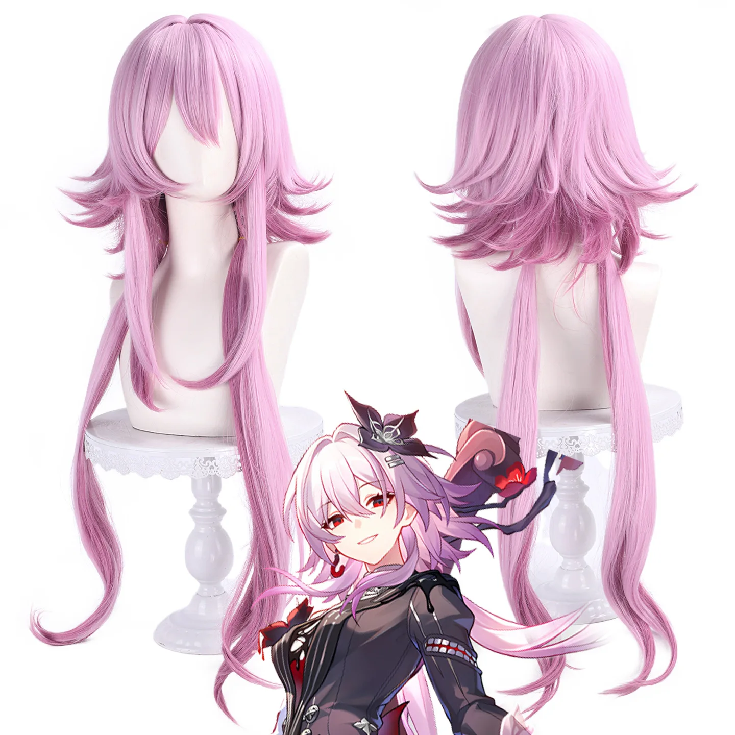 Honkai Star Rail March 7th Cos Wigs with Cosplay Costumes Headwear 95cm Long Simulation Scalp Thick Mixed Puffy Long Hair Wigs