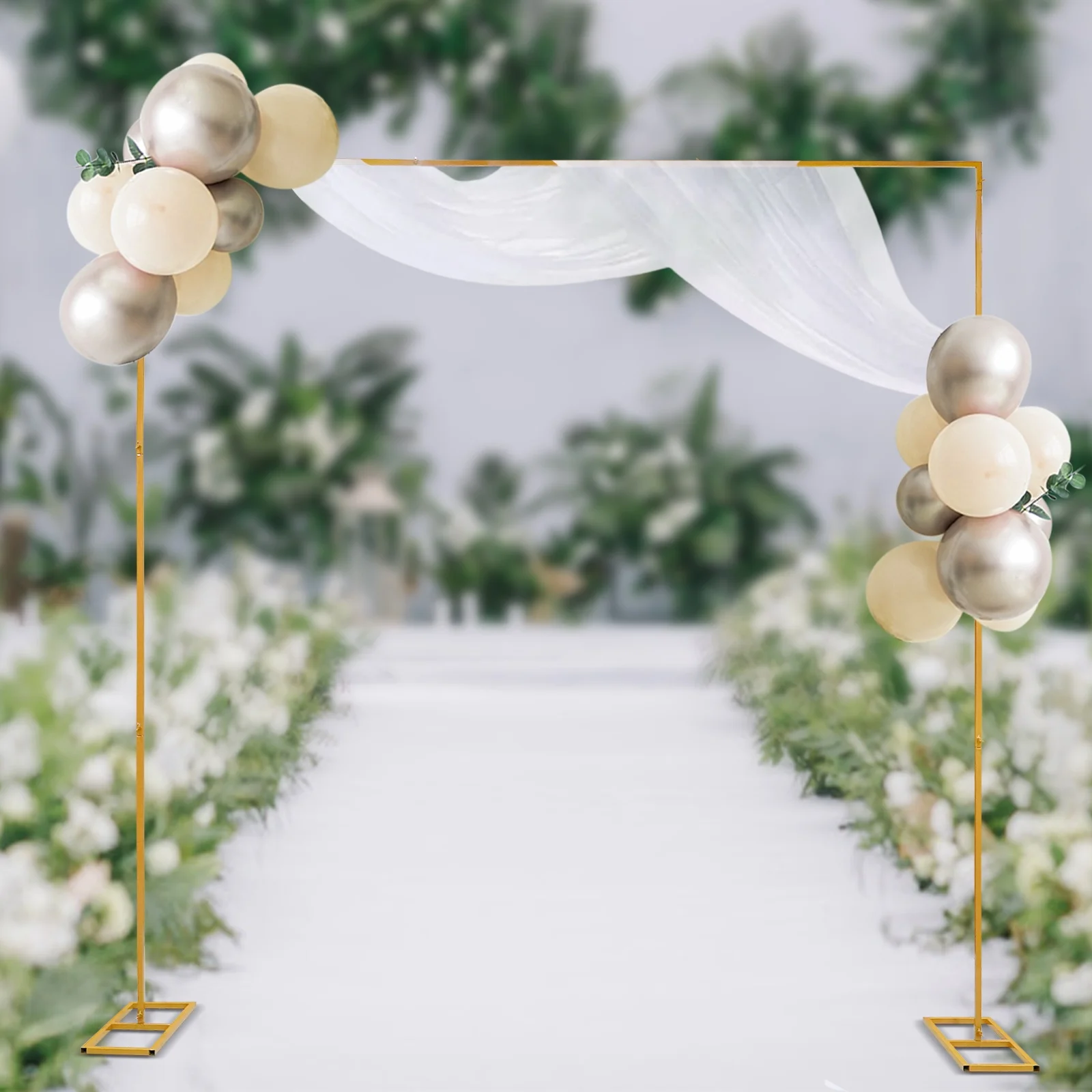 Gold Square Wedding Arch Stand 9.8×9.8ft Galvanized Iron Frame 22lbs Max Load Detachable Tool-Free Butterfly Screw Design Square Base for Floral Balloon Wedding Party Photo Backdrop Decor