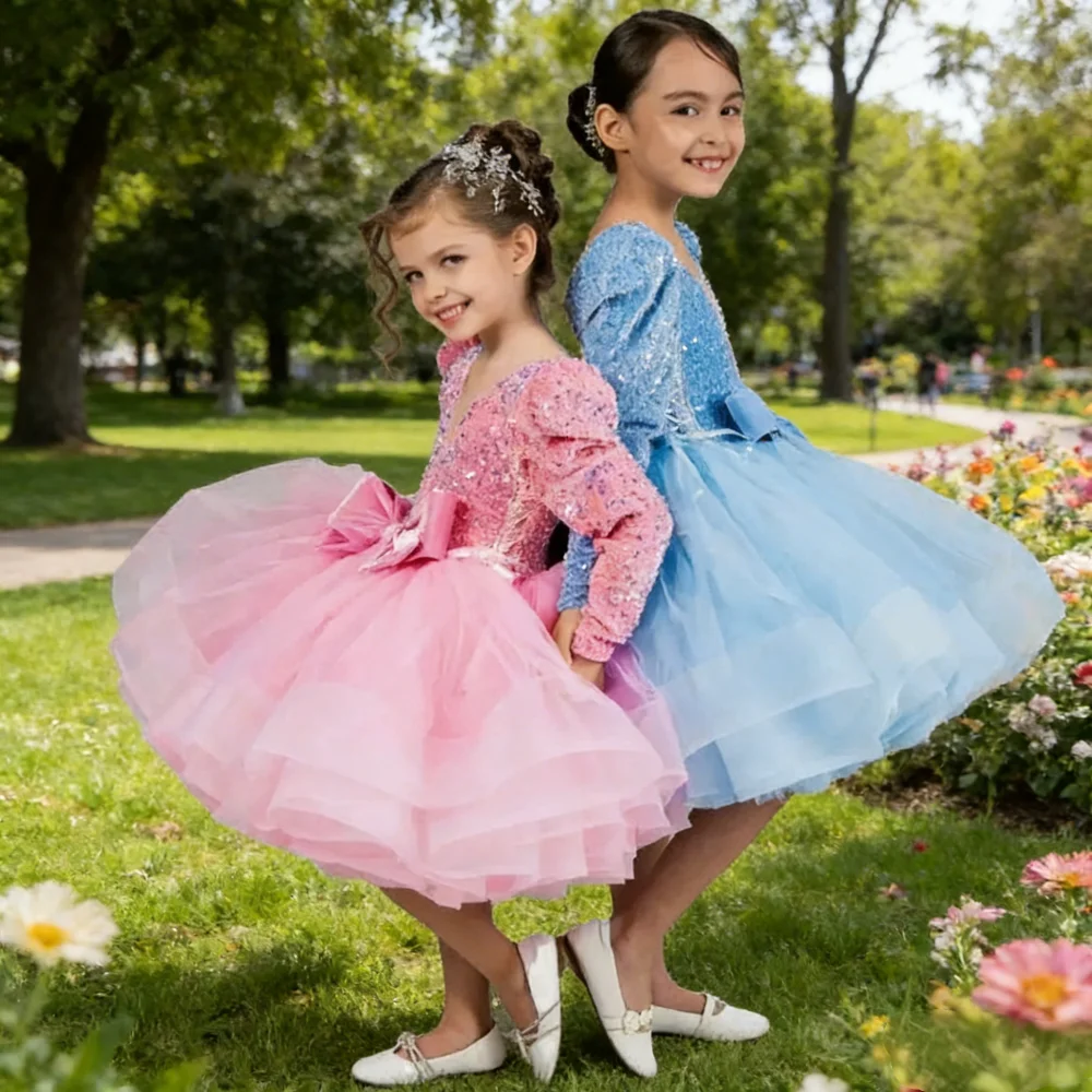 Girl Clothes Red Long Sleeve Party Dress Children  Show Host Birthday Pageant New Formal Wear Princess Ball Gown Recital Fashion