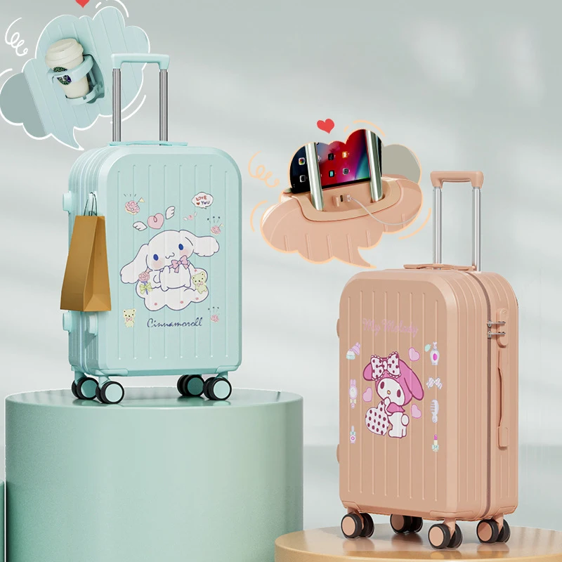 Sanrioed Cinnamoroll Trolley Case Usb Charging Port 20 22 24 Inch Suitcase Anime Kawaii Kuromi Cup Holder Hook Up Student Travel