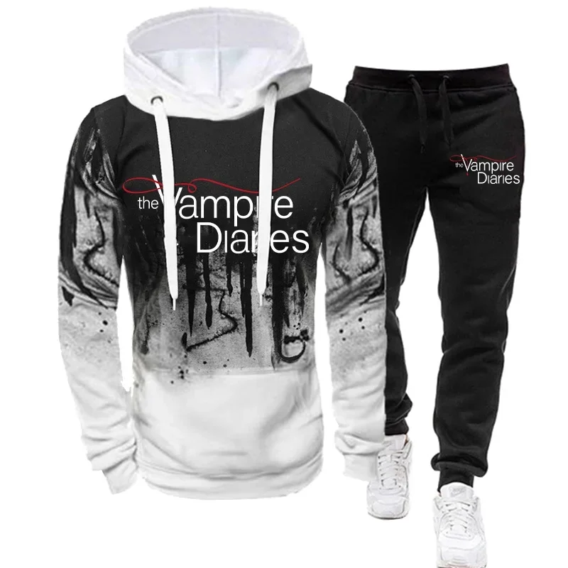 2024 American Usa Tv Movie Trending Vampire Diaries Unisex Printed Hoodie + Pant 2 Piece Set Sports Wear 3D Ink Jogging Suits