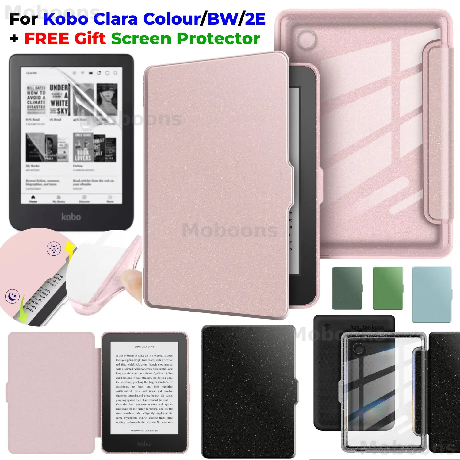 

For Kobo Clara Colour/BW/2E Glitter Case + Screen Protector Sleep Wake PU Leather Magnetic Cover Transparent Acrylic 6''Case
