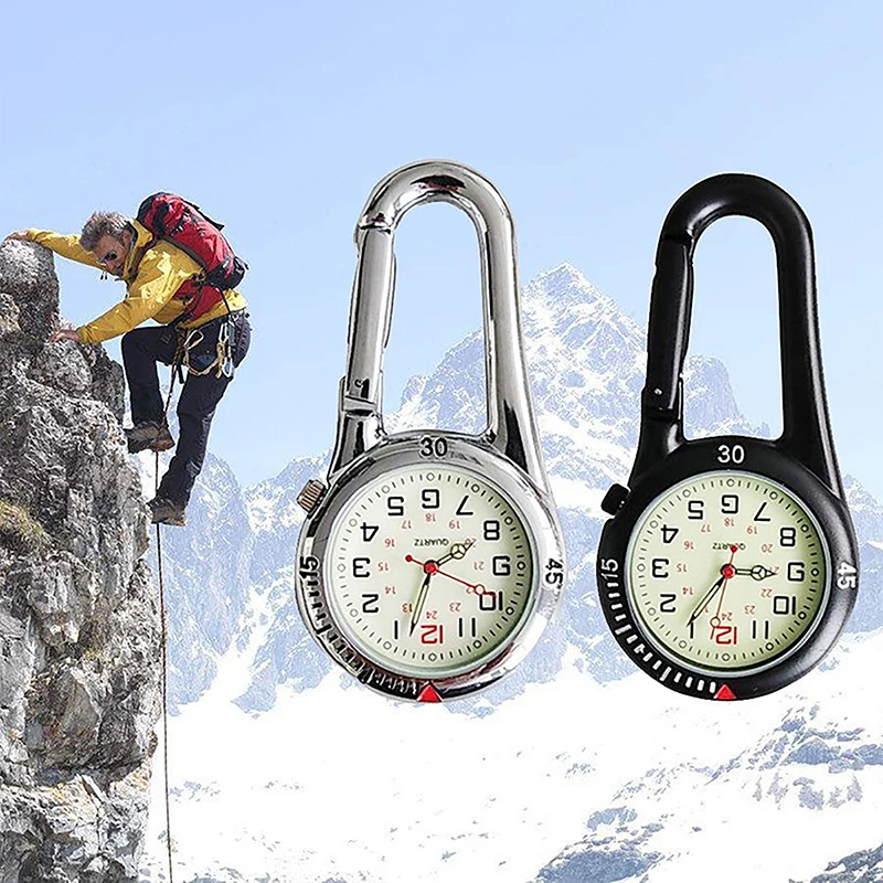 Outdoor Mini Leuchtende Uhr Runden Zifferblatt Arabische Zahlen Quarz Analog Clip Karabiner Haken Uhr Schlüsselring Clip Fob Taschenuhren