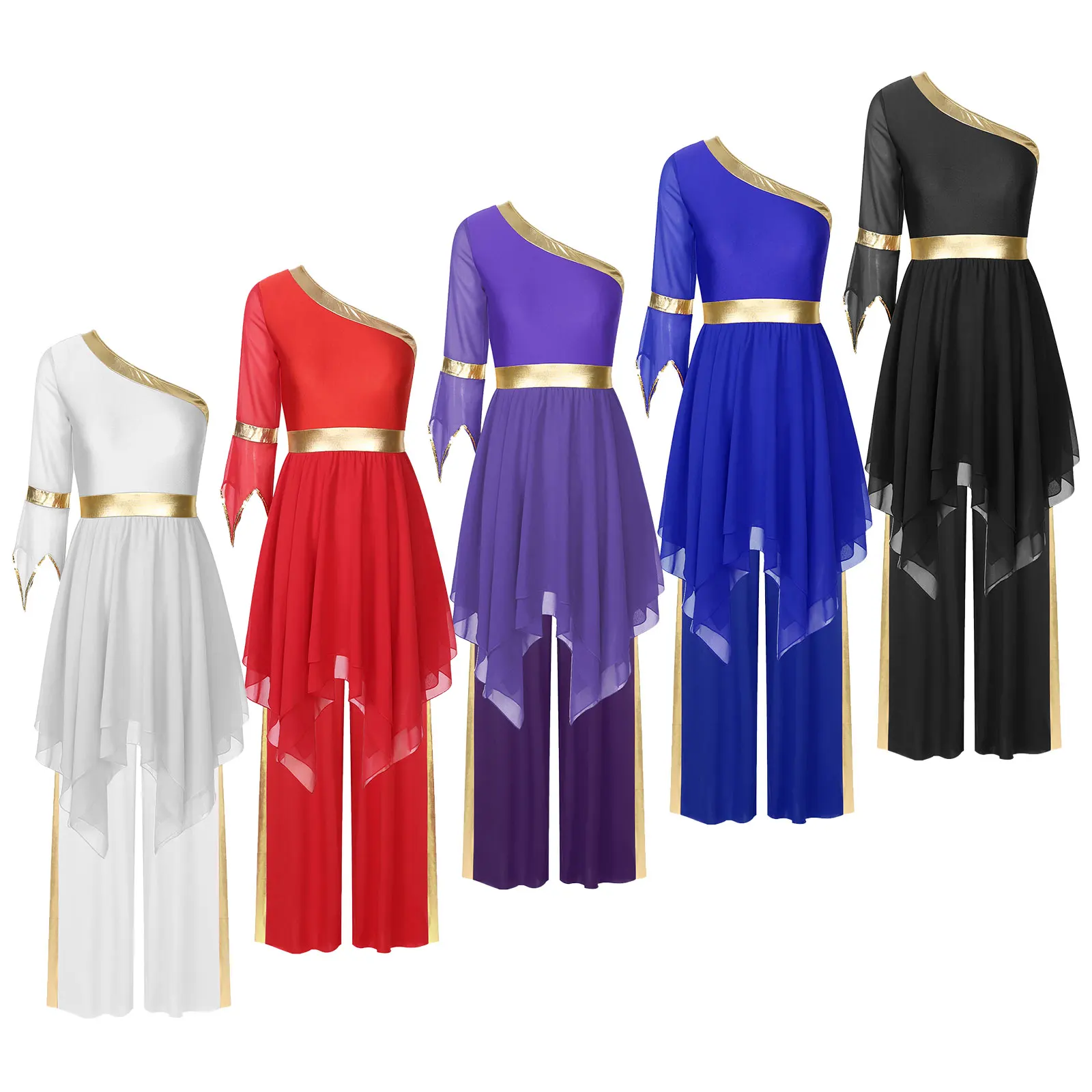 Womems Lyrical Praise Dance Dress Flared Sleeve Dresses +Wide-Leg Pants Church Worship Choir Dancewear Stage Performance Costume