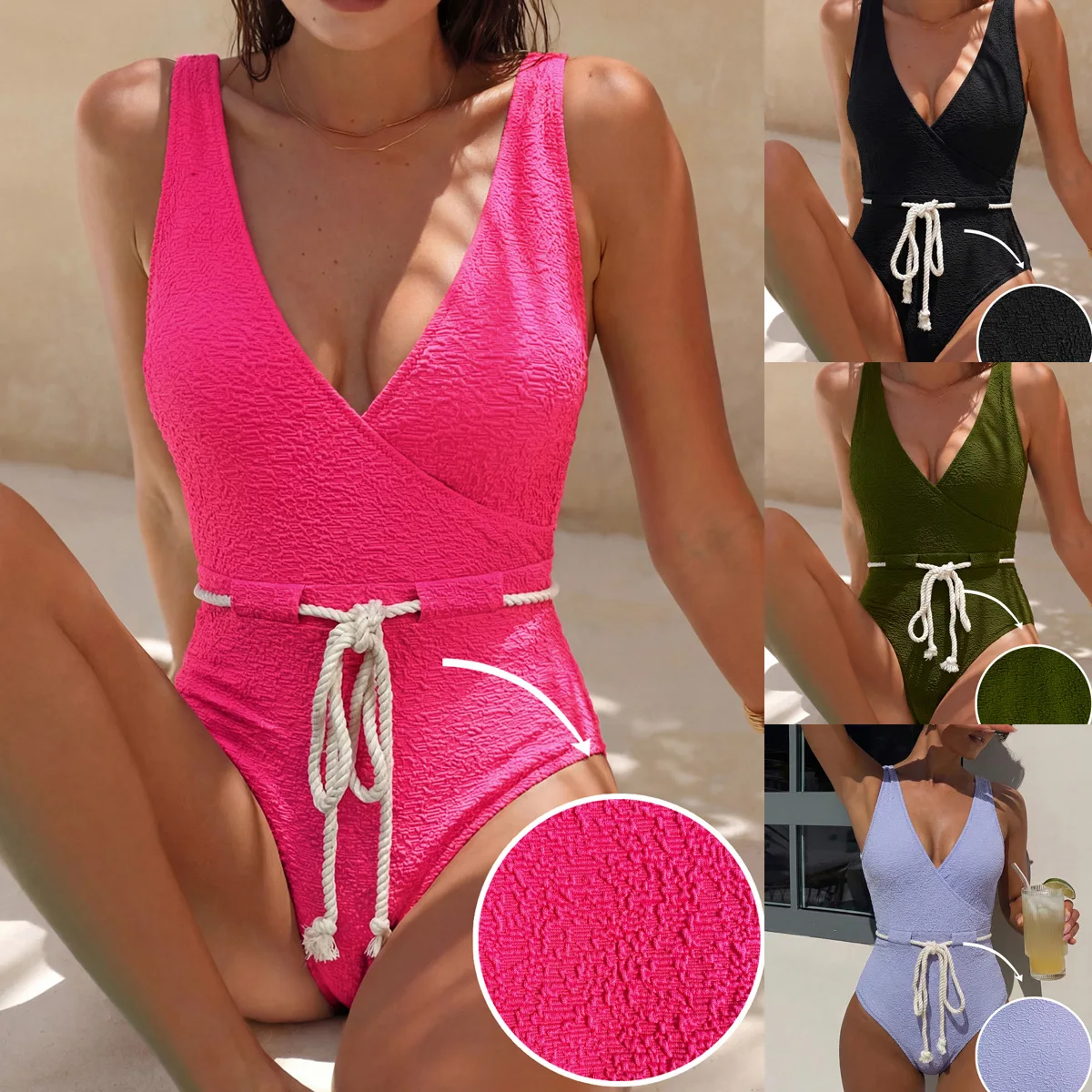 

Women's Sexy Deep V Monokini Adjustable Drawstring One Piece Swimsuit Summer Solid Corset Bodysuit Lace Up Bikini Sets Holiday
