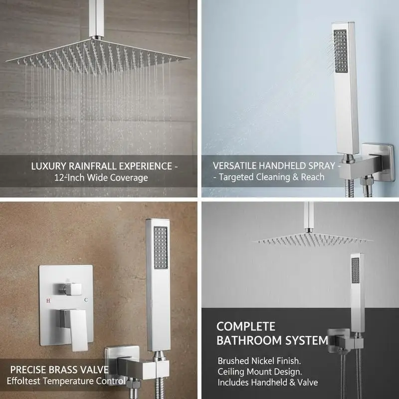 Rain Shower Fixtures 12-Inch For Residential Bathroom Hotel Suite Master Bath, Ceiling Mounted High Pressure Dual Function Brass Construction Brushed Nickel Finish view 8