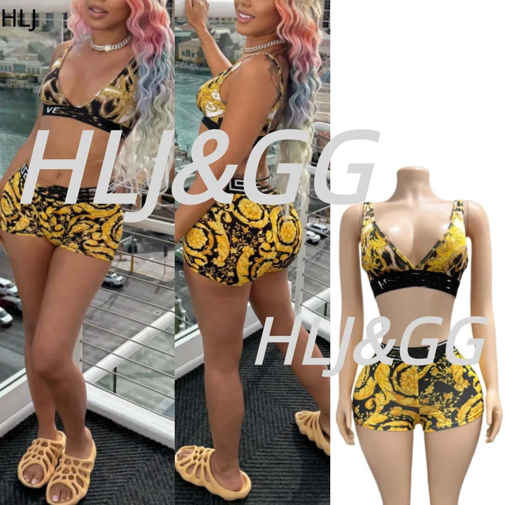 

HLJ Yellow Leopard Sexy Print Trend Two Piece Sets Women V Neck Spaghetti Strap Crop Top And Shorts Outfit Fashion Streetwear BR