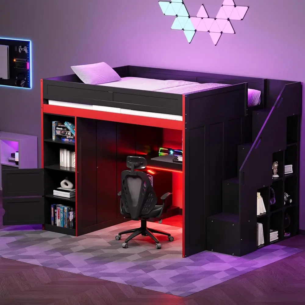 Black Gaming Loft Bed with Desk, LED Lights, Wardrobe, and Storage for Kids, Teens, and Adults
