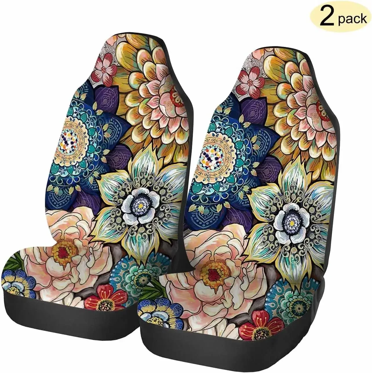 Colorful Boho Floral Front Car Seat Covers 2pc Flowers Blossom Peony Lotus Lily Automotive Seat Covers Car Accessories Protector