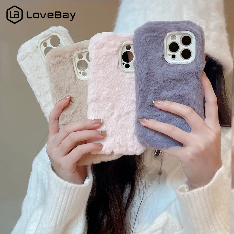 Lovebay Fashion Furry Fluffy Warm Phone Case for iPhone 11 13 12 14 15 Pro Max Creative Gifts Shockproof Mobile Phone Back Cover