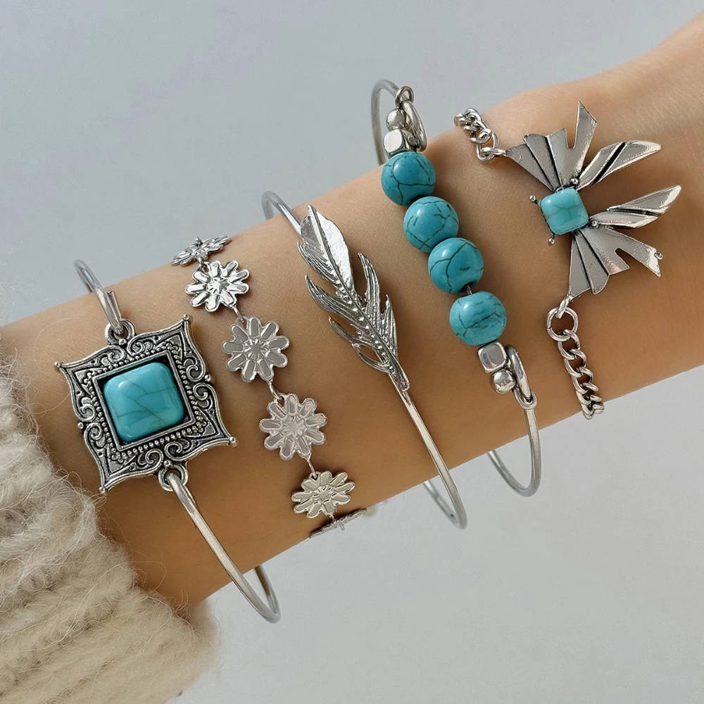 

Fashion5Pcs/Set Vintage Bohemian Turquoise Inlaid Bracelets Women Ethnic Style Flower Feather Cuff Bracelet Bangles Boho Jewelry