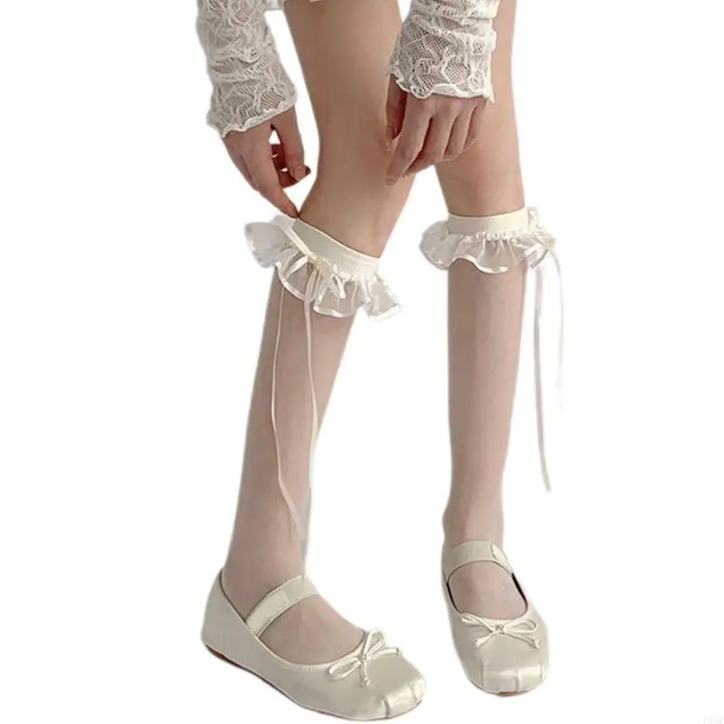 195E Mesh Sheer White Lace Stockings Womens Thin Calf Lace Socks Bowknot Calf Socks