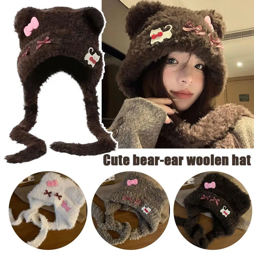 

Winter Warm Bear Ear Plush Hat Harajuku Style Knitted Hat Y2K Hairy Hat Outdoors Hat Fluffy Costume Cute Subculture Knitted Cap