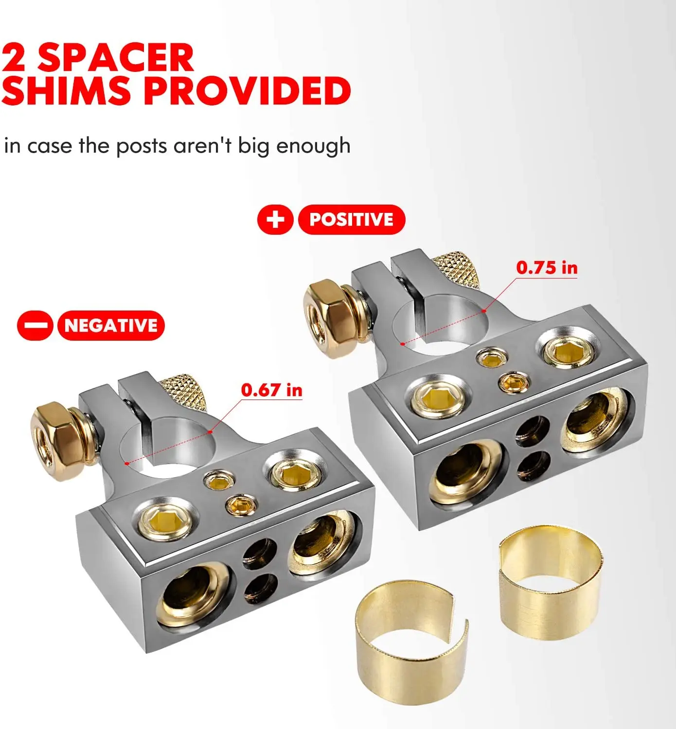 Car Battery Terminal Connectors 0/2/4/6/8/10 AWG Terminals Heavy Duty Top Post Battery Clamp with Shims Protector Cover