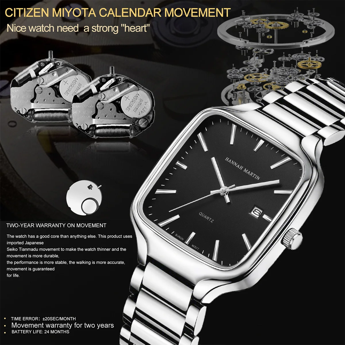 ساعة هانا مارتن مربعة للرجال مع حركة كوارتز يابانية وحزام من الفولاذ المقاوم للصدأ 3Bar مقاومة للماء للرجال