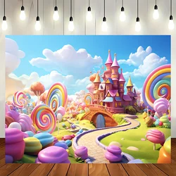Rainbow lollipop birthday party background banner, sweet cartoon landscape shower party background photo props