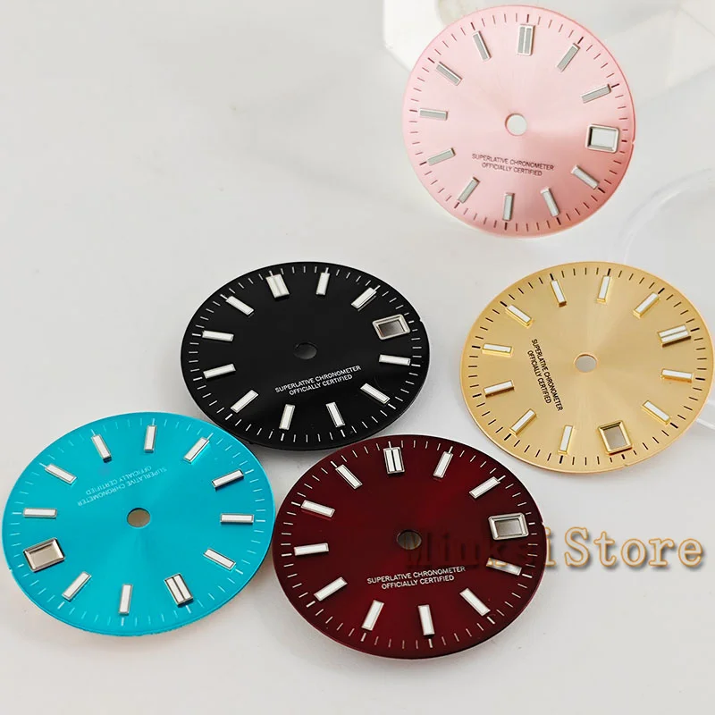 29mm Gold Blue Pink Black Red Watch Dial Green Luminous Fit NH35 Movement Fit 3 o\'clock crown 3.8 o\'clock crown