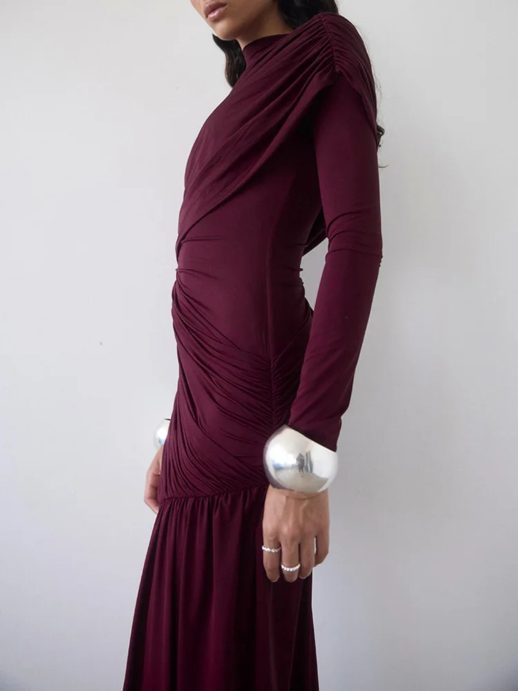 Absobe Women Elegant Ruched Mini Dress O-Neck Long Sleeve Draped Ribbon Bodycon Prom Party Evening Dresses Sexy Party Outfit