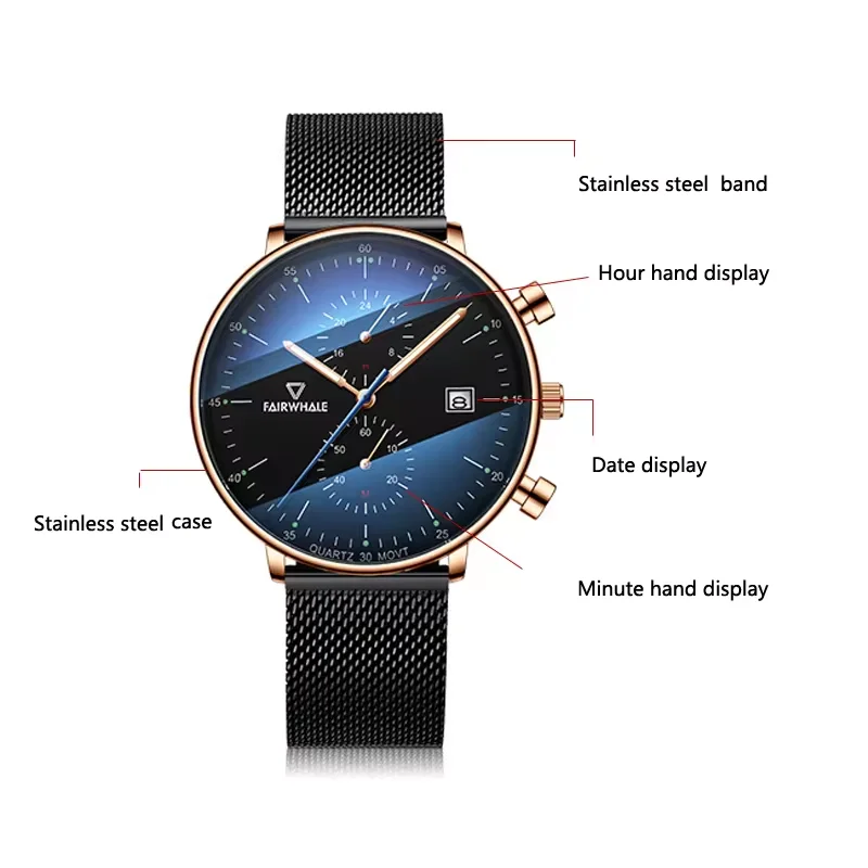 Moda semplice orologio al quarzo per uomo marchio di moda marchio Fairwhale cintura Casual in rete multifunzione orologio da polso impermeabile Mans Reloj