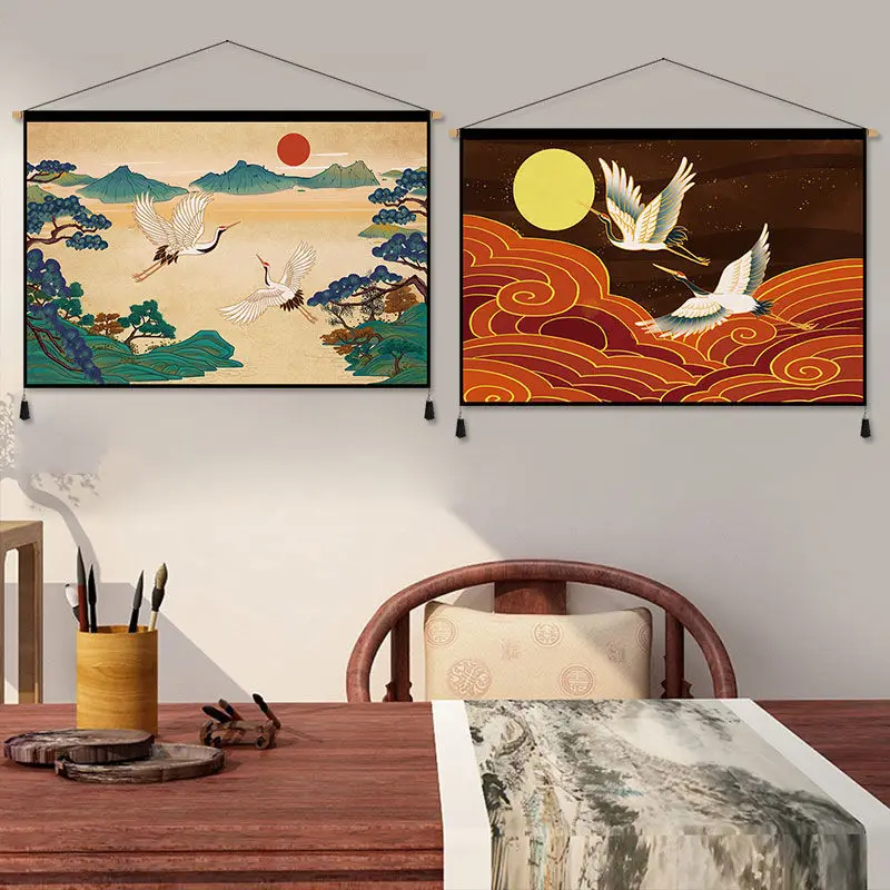 Japanese Living Tea Room Tapestry Background Cloth White Crane Attracting Wealth Entrance Entrance Art Wall Decoration Painting