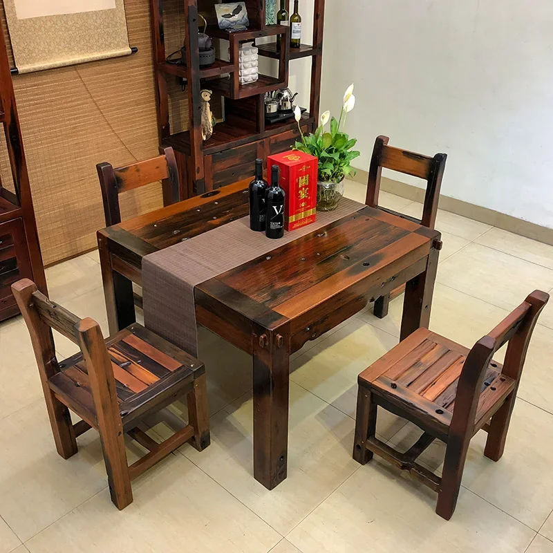 

Old Ship Wood Dining Table and Chair Household Small Apartment Solid Wood Dining Table Square 6-Person Hotel Dining Table