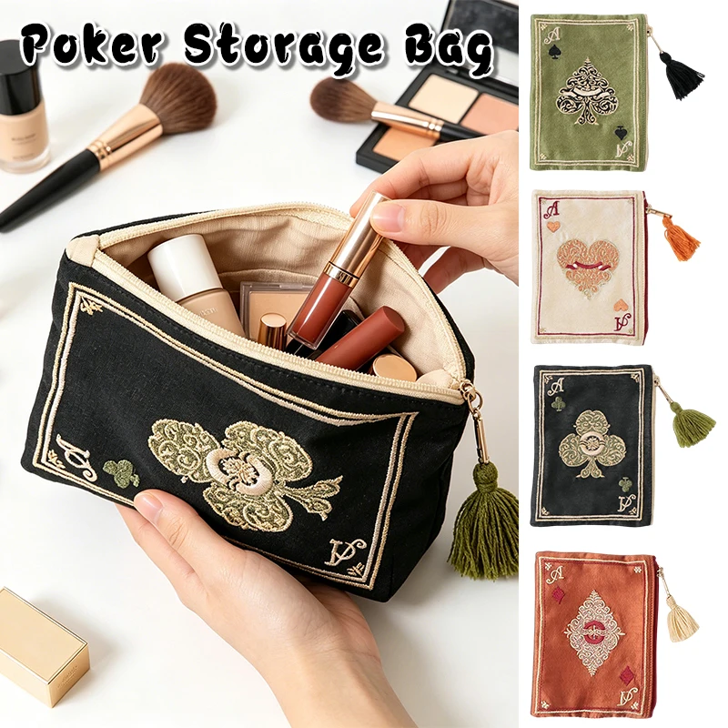 Japanese Style Hand Embroidered Playing Card Cosmetic Bag Fringe Retro Ethnic Design Portable Pouch for Makeup Coins Storage