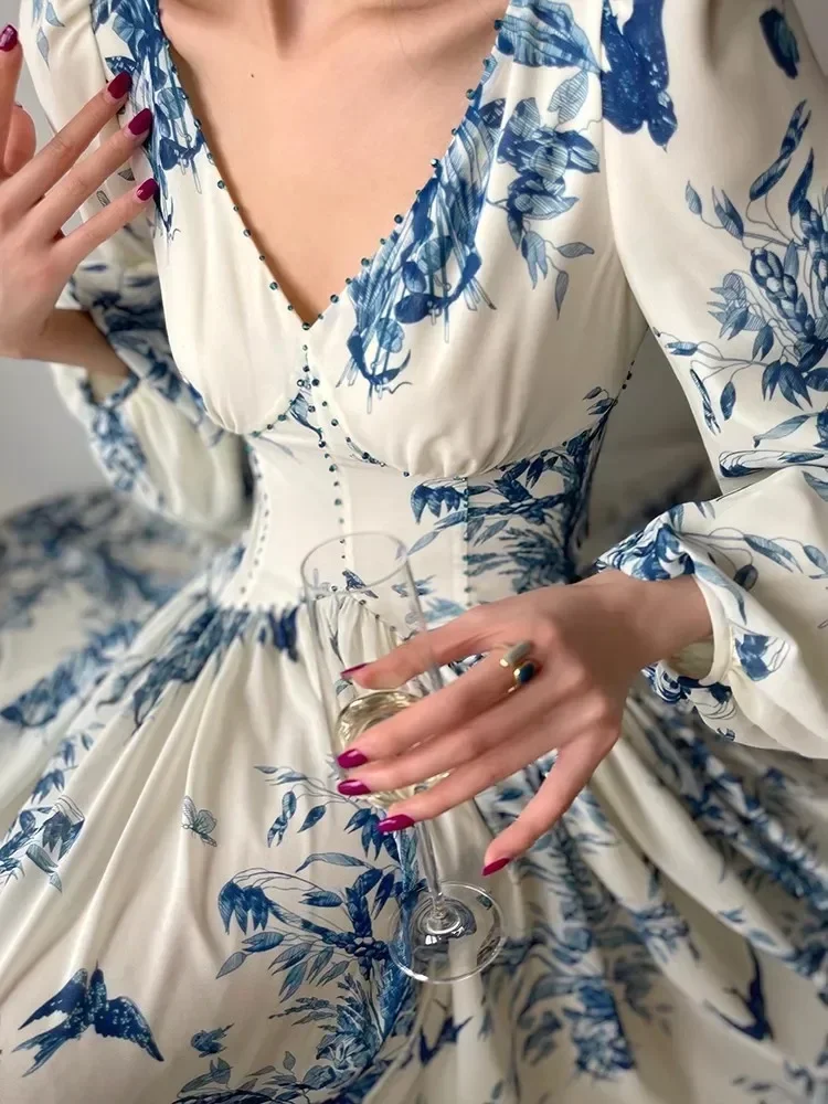 Runway Luxury Beading High Waist Party Dresses Brand Women Vintage Elegant Lantern Sleeve Chic Blue White Porcelain Print Dress