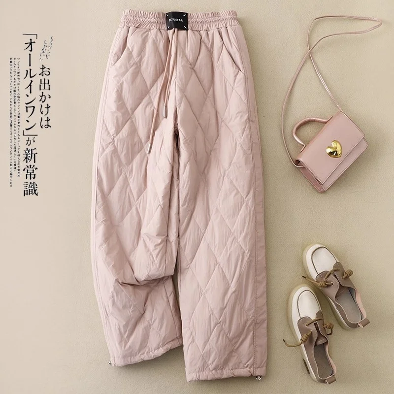 

2025 зимние прямые свободные повседневные хлопковые брюки, однотонные эластичные теплые стеганые брюки с высокой талией для женщин w996 ﻿