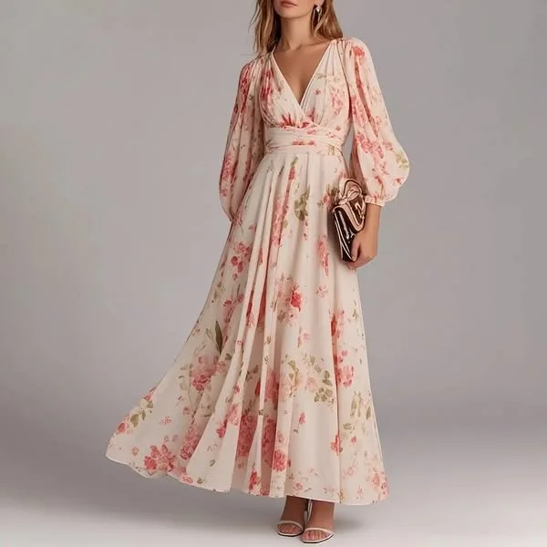 

New Women's Long Dress Lantern Sleeves V-neck Elastic Waist Flower Print Pink Sweet Fashion Date Casual Dress