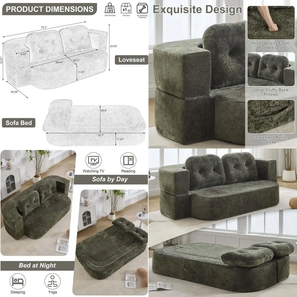 

2-in-1 Convertible Couch Bed, Loveseat Sofa, Sleeper for Dorms and Small Spaces