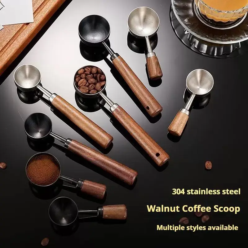 1-10pcs Walnut Handle Measuring Spoon Scoop 15/30ml Coffee Bean Spoon Stainless Steel Coffee Powder Measuring Spoon Kitchen Tool