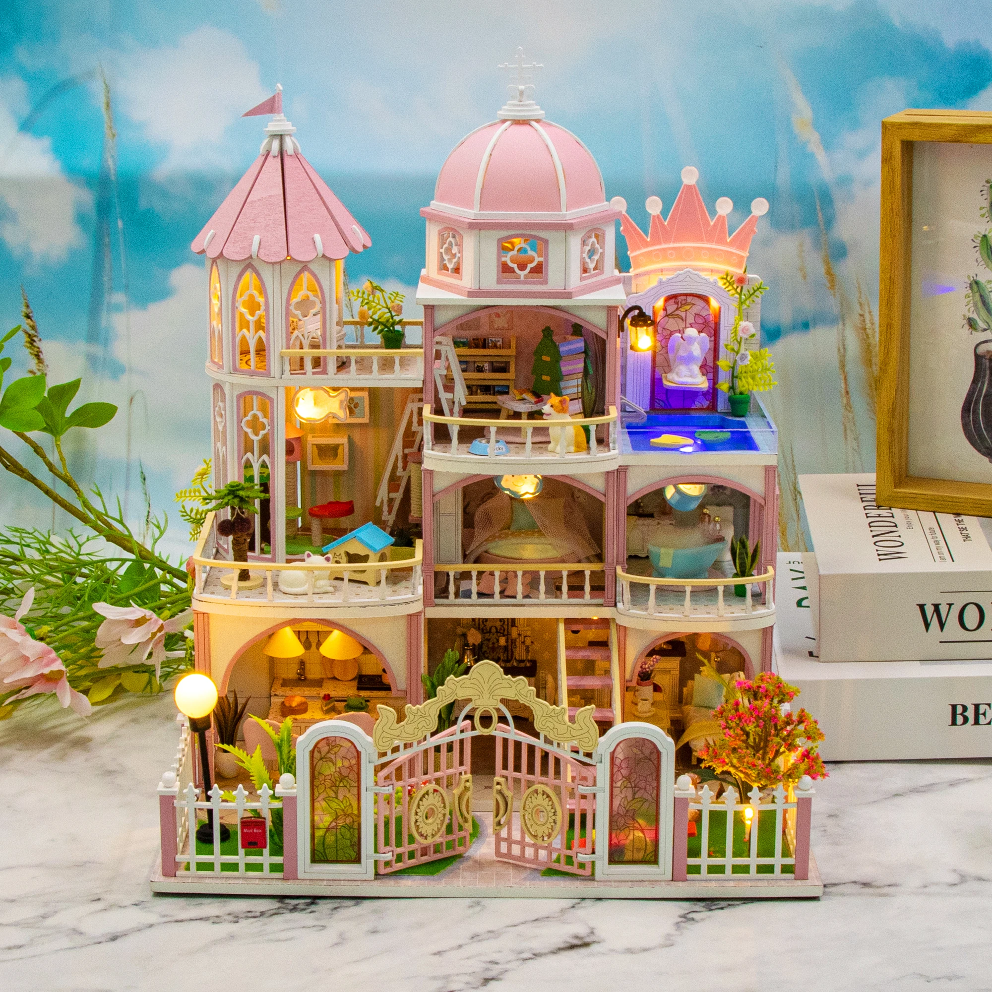 ชุดโมเดลไม้ DIY ใหม่ ปราสาทเจ้าหญิง วิลล่า ตัวต่อ 3 มิติ บ้านตุ๊กตา พร้อมเฟอร์นิเจอร์และไฟ สำหรับเป็นของขวัญวันเกิดให้เพื่อน