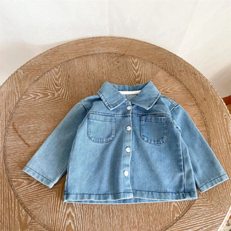 Children\'s suit spring and autumn boys and girls long-sleeved denim shirt jacket trousers two-piece baby top denim suit