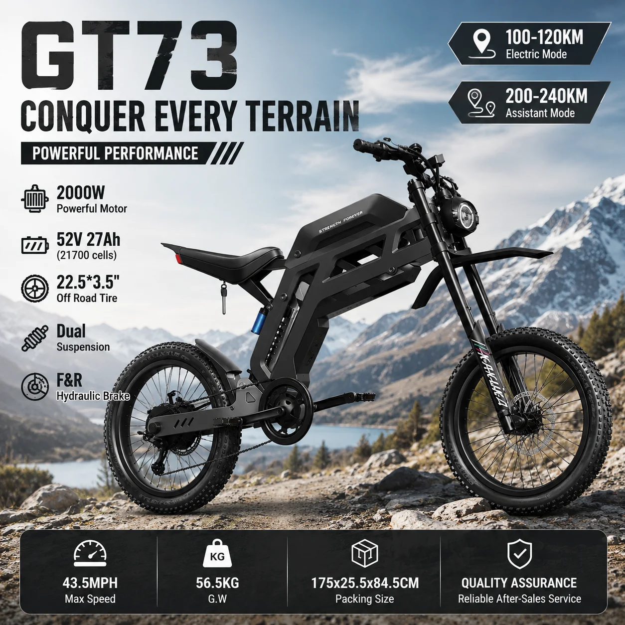GT73 2000W Electric Bike for Adults, 52V 27Ah Battery, 43.5MPH Top Speed, 240KM PAS Range, Dual Suspension, Hydraulic Brakes