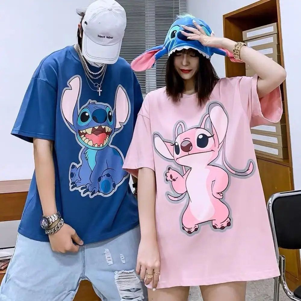 

Футболка хлопковая с коротким рукавом для пары, модная рубашка с мультяшным принтом Стича для бойфренда, девушки, мужчин и женщин, лето