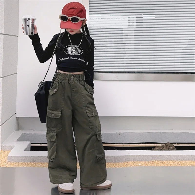 Teen Girls Cargo Pants Loose Casual Fashion Children Trousers Pockets Design Trendy Cool Streetwear Kids Pants 6 8 10 12 14 Year